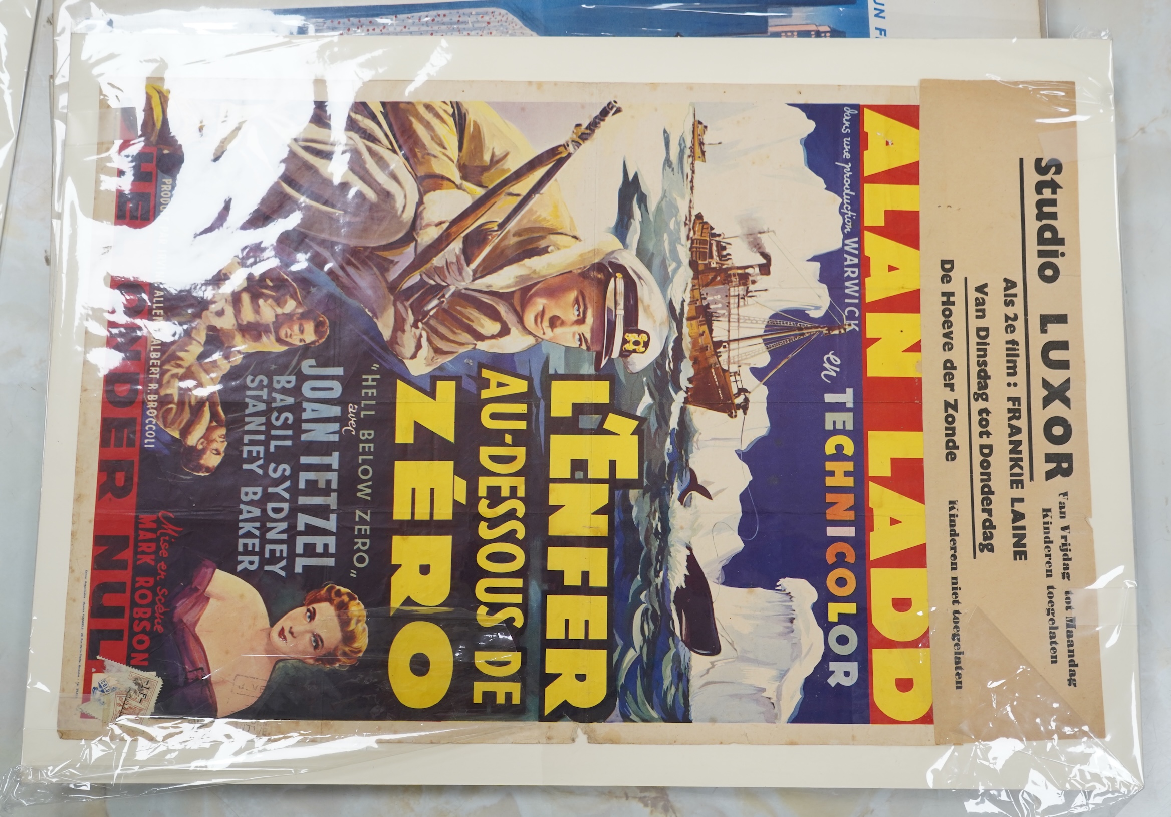 Seven original Belgian 1950’s film posters to include ‘Les Bas-Fonds de Chicago’, 38cm x 54cm